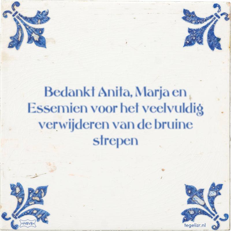 Bedankt Anita, Marja en Essemien voor het veelvuldig verwijderen van de bruine strepen - Online tegeltjes bakken