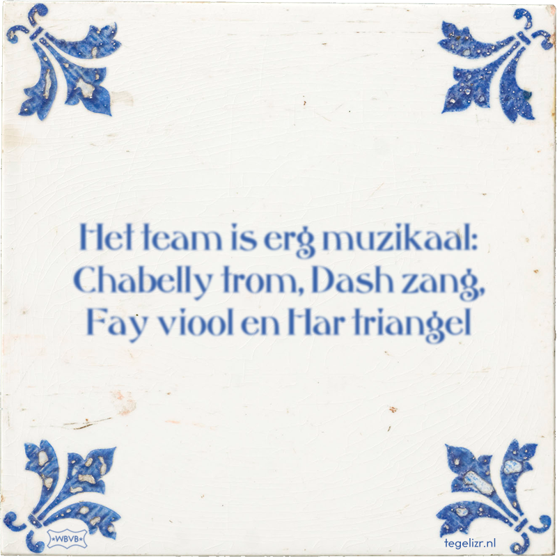 Het team is erg muzikaal: Chabelly trom, Dash zang, Fay viool en Har triangel - Online tegeltjes bakken