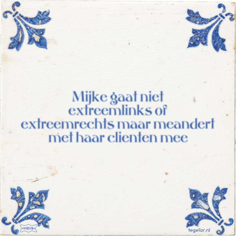 Mijke gaat niet extreemlinks of extreemrechts maar meandert met haar clienten mee - Online tegeltjes bakken