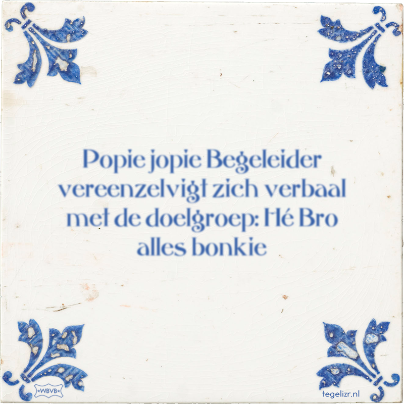 Popie jopie Begeleider vereenzelvigt zich verbaal met de doelgroep: Hé Bro alles bonkie - Online tegeltjes bakken